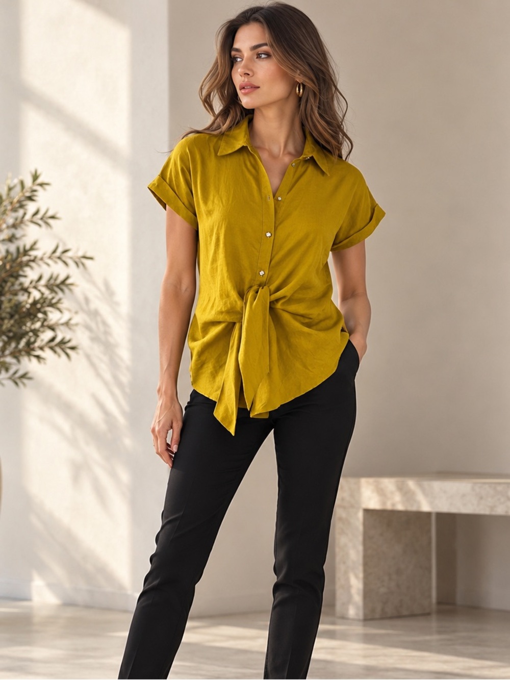 ZARA Mustard Yellow Linen-Viscose Tie-Front Button Down – Size Small – NWT